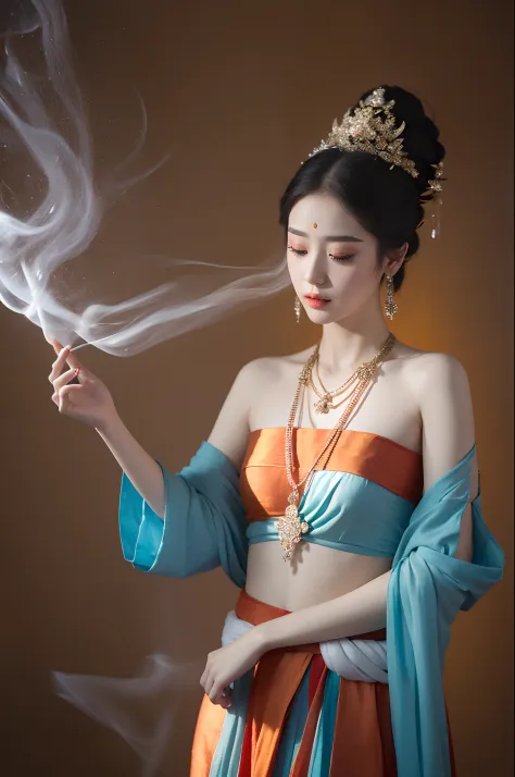 1girl, dunhuang flying apsaras costume, messy long hair, ji jian, dunhuang style, a lot of smoke, superb, elegant colors, (reali...