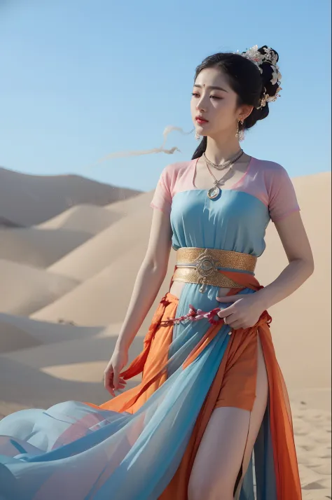 1girl, dunhuang flying apsaras costume, messy long hair, ji jian, dunhuang style, a lot of smoke, superb, elegant colors, (reali...