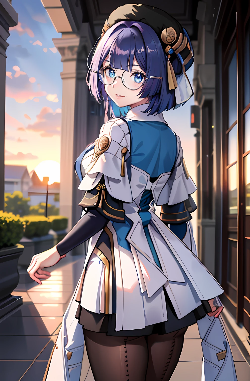 [pelaV4], ((masterpiece)), ((beautiful 2D art)), ((solo portrait)), ((Cute)), ((back view)), ((High quality)), ((HD)), ((anime)), ((detailed shading)), {woman; (cute blue eyes, short eyelashes, short blue hair, (happy smile)}, {(knight uniform), (short white dress), (see-through pantyhose), (round glasses on face)}, {(standing), (looking back at viewer)}, [Background; courtyard, (sunset)]