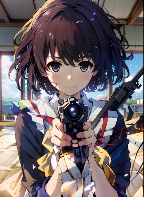 anime girl with a gun in her hand looking at the camera, a-1 pictures, style of anime4 k, anime big breast! 4 k'', anime big bre...