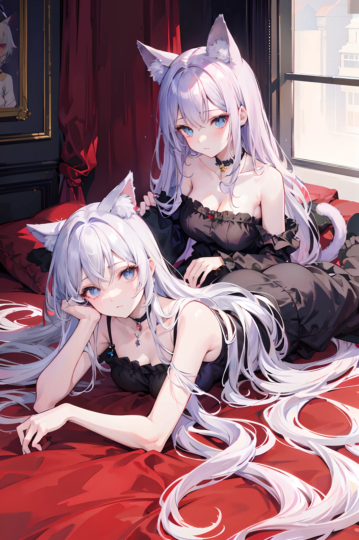 Anime - style image of two girls in black and white sitting on a bed -  SeaArt AI