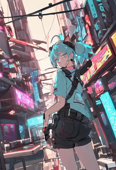 Modern Simulation，Anime-style environment wide-angle shooting，Nightly chaotic arcade shots; Hatsune Miku of streetwear;科幻小说. 。.。.。.3D. Environmental Arcade Art.，Cyberpunk Personality，firearm,A sexy,Dynamic poses