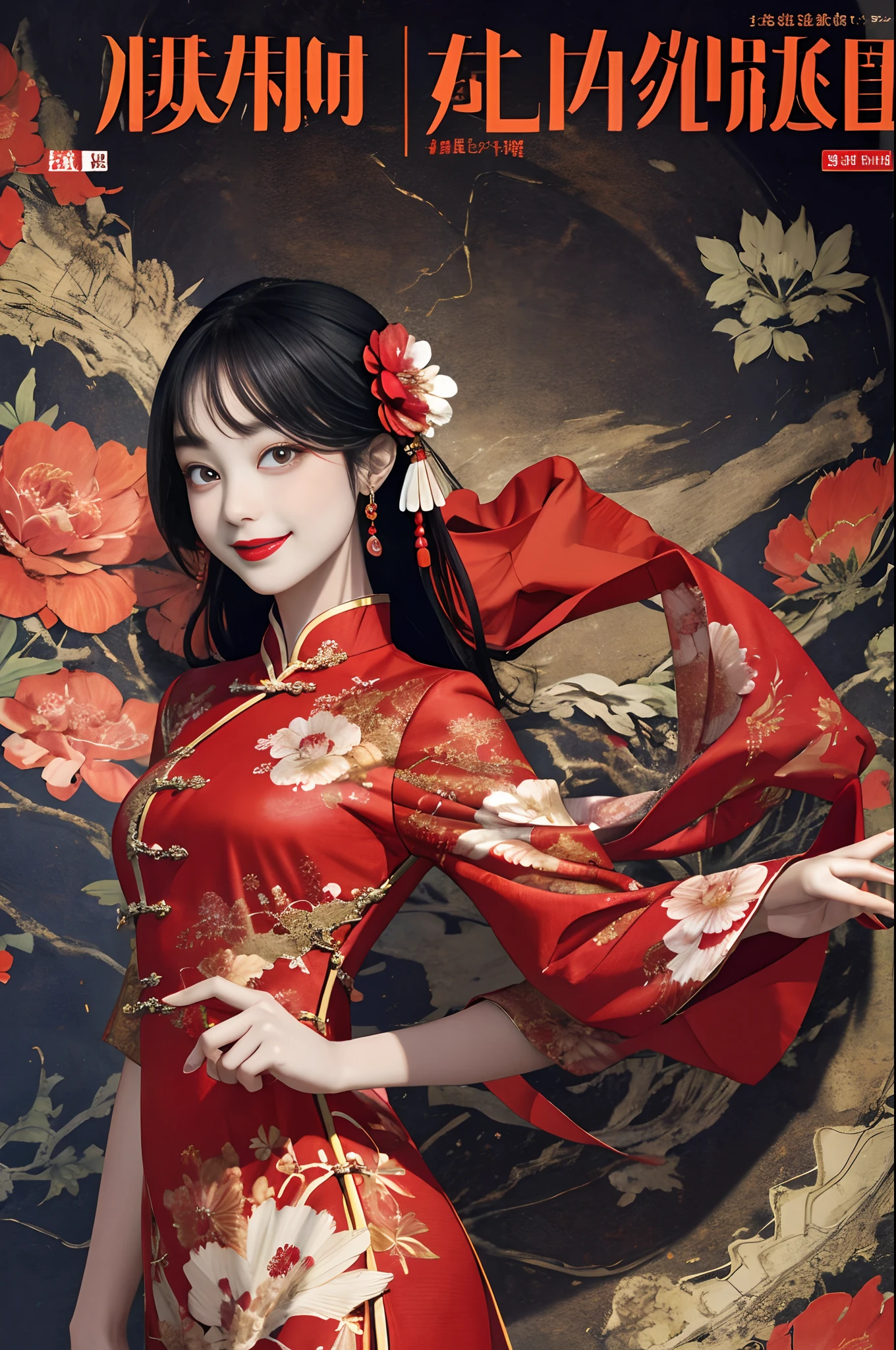 1 menina,tronco,garota da moda,vestido chinês,roupas chinesas,flor de cabelo,(Obra de arte:1.4),(melhor qualidade:1.4),(pele brilhante),lábios vermelhos,ver o visualizador,Sorriso，Capa de revista