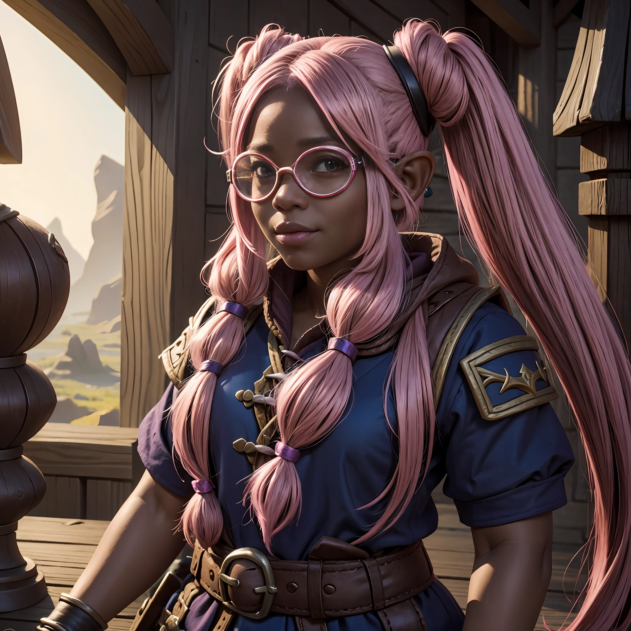 Dnd portrait de gnome, gnome femelle adulte, peau sombre, Cheveux rose bonbon, twintails topknot, des lunettes de protection