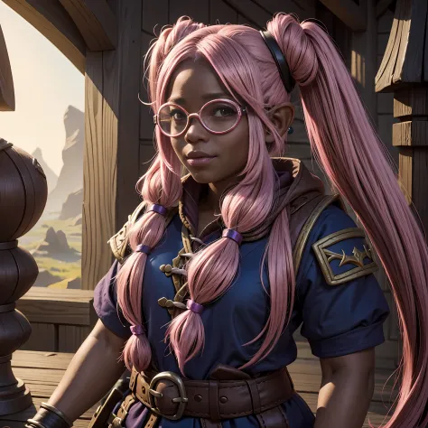 Dnd portrait of gnome, adult female gnome, dark skin, candy pink hair, topknot twintails, goggles