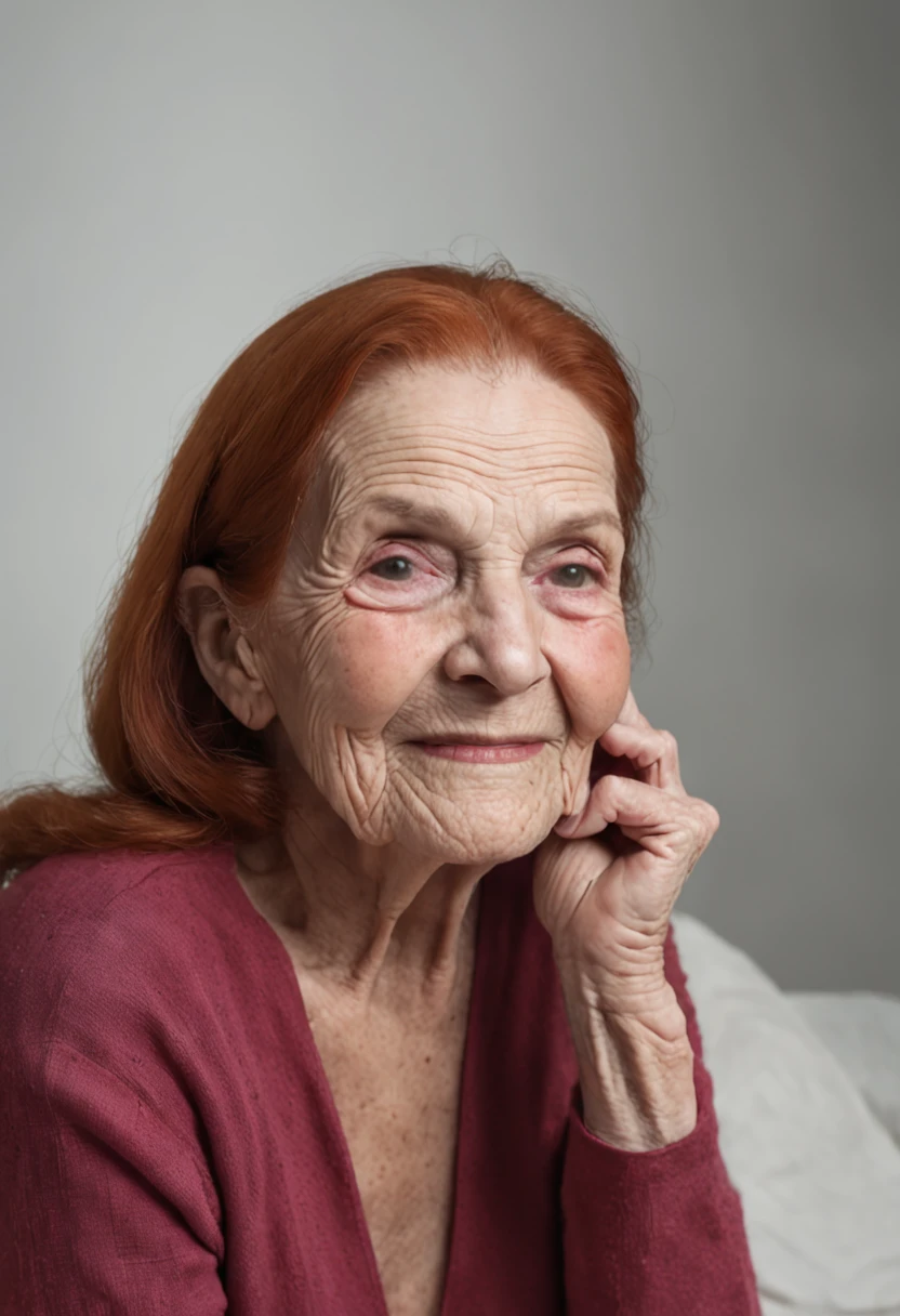 An older woman with red hair and a red sweater sitting on a bed - SeaArt AI