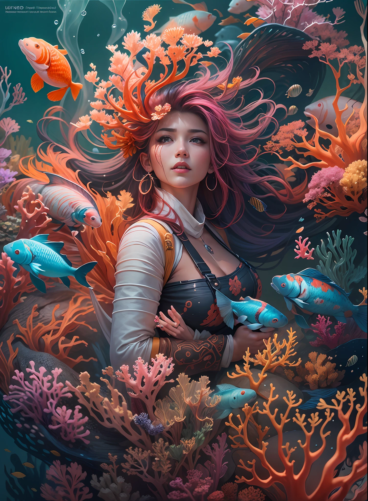 model shoot tyle, (highly detailed CG unit 8k wallpaper), A chaotic storm of complex liquid smoke in your head, Stylized abstract portrait of a beautiful girl, wetted skin,Koi，Carp Festival | | |，Koi Band,carp，Odd-shaped coral，ocean floor，Beautiful coral reef in the background，boulders,Marine life，colorful coral reef,Decorating the reef,Authors：Petros Afshar, Tran Ross, Whale Tom, Pedro Mohrbacher, Germ from art, Broken glass, ((Cheerful underwater landscape)) The octane number rendering of synchrotron radiation is very detailed, inspired by Yanjun Cheng, beautiful digital art, Art in the Gviz style, Highly detailed digital art in 8K, beautiful digital illustrations, Beautiful detailed digital art, stunning digital illustration, a beautiful artwork illustration, Exquisite digital illustration,8K Detailed Digital Art,