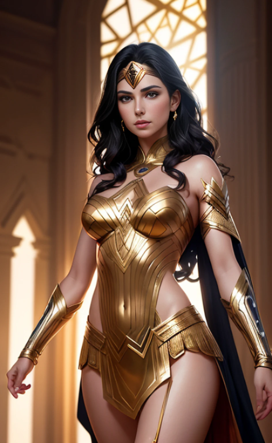 A ilustration of a greek goddes Wonder Woman, shot, centered, gold black color gel lighting, geometric shadows, glowing lights, symmetry, depth of field, intricate, elegant, highly detailed, digital painting, artstation, concept art, silver and white futuristic costume, smooth, sharp focus, illustration, as imagined by Greg Rutkowski and Borris vallejo.
