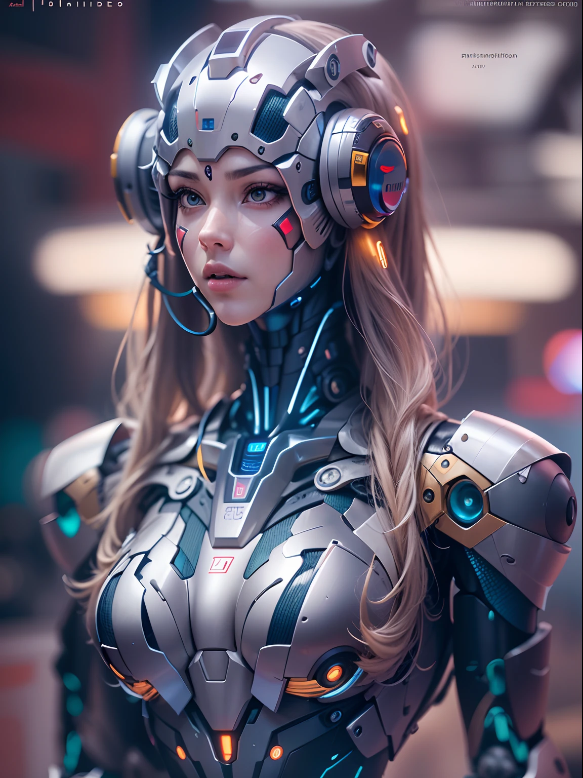 (masutepiece, humanoide robot:1.3), (Captivating depiction of a robot in the form of a human adult woman:1.2), Curvaceous(Meticulously crafted to showcase the fusion of technology and aesthetics:1.2), Dark blue metallic titanium frame covers the whole body,Metal parts cover the whole body, including the face.、Model body type、 (Human-like head with a perfectly symmetrical face:1.1),  (Imitation of Space Cobra's Armaloid Lady), (A spotlight that highlights the complexity of its machines and the beauty of their design:1.1),  (A sense of wonder and innovation represented by the creation of robots:1.1), (Images that inspire reflection on the future of human-machine interaction:1.1), (Precision meets aesthetics、 ultra-detailliert, Insane details, Feminine curvaceous、degrees of freedom, Hyper-Resolution, Megapixel, cinematic lightening, insanely detailed and intricat, Hyper maximalist, Hyper realistic,  Realistic,