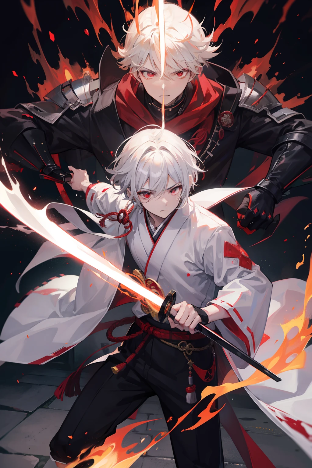 Two anime characters with swords and fire in their hands - SeaArt AI