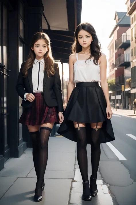 a women and a little gir standing next to each other on a sidewalk, alena aenami and lilia alvarado, fashion model, modeling for...
