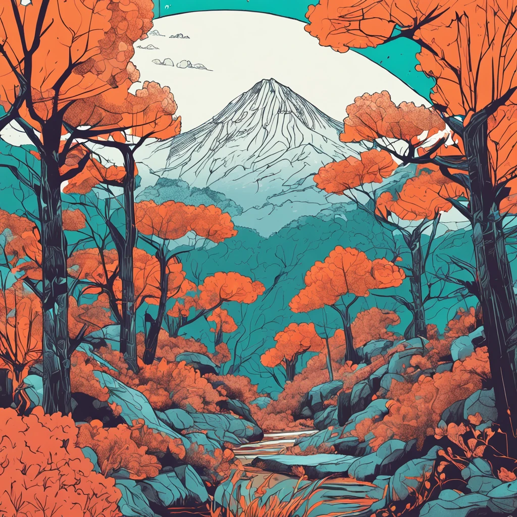 Intricate painting details of a Chinese forest, By range Murata, galaxy in background, Clouds, vivd colour, High contrast, Mountain, vector line art, orange highlights, trending in pixiv, anime concept art, Stick, Mattire, high high quality, Edge to edge, Sanskrit