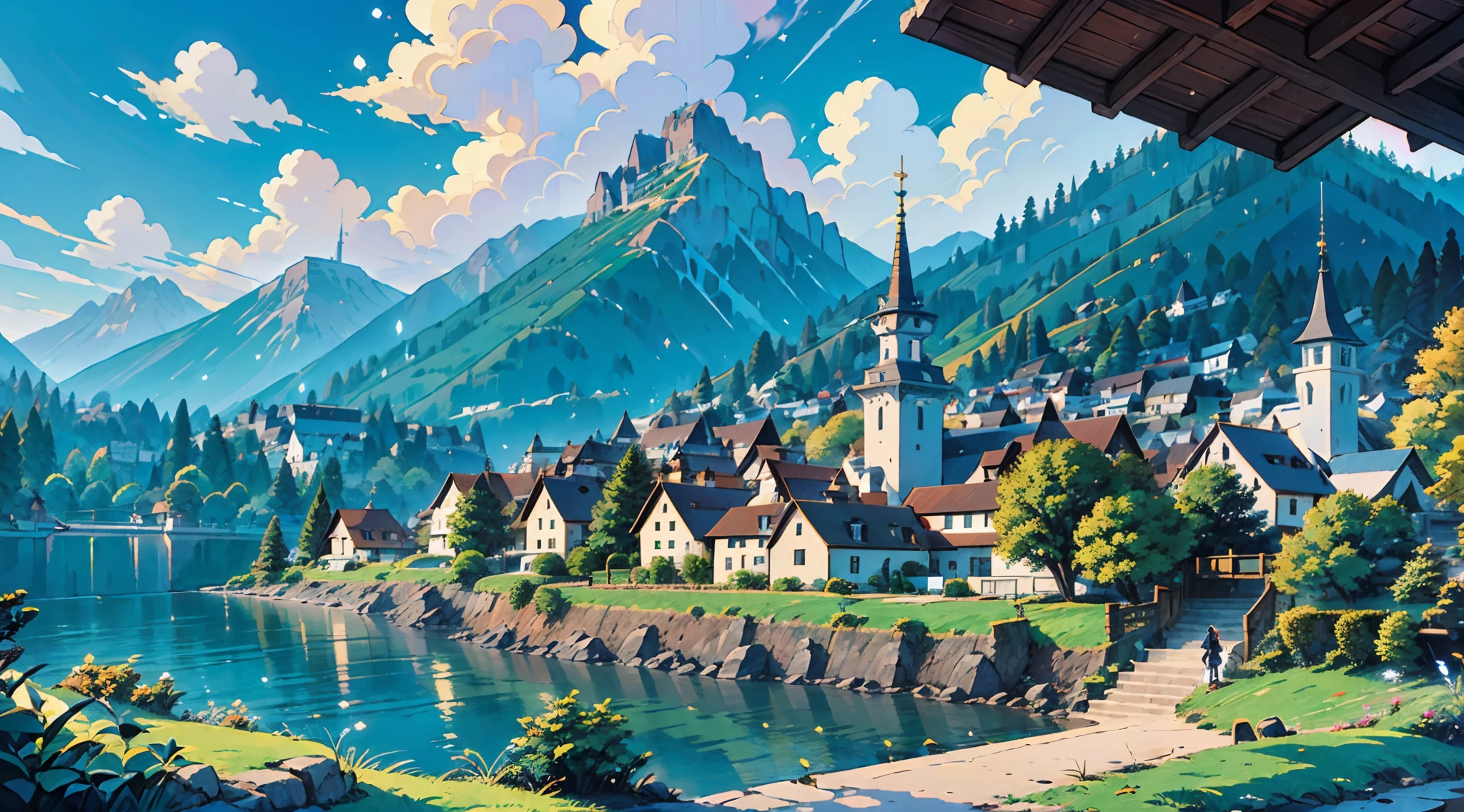 (absurderes, hohe Auflösung, ultra-detailliert, nffsw), Tischplatte, beste Qualität, Mana Town Legends, Manadun Console, Portrait des Ortes, Nostalgische Orte, Stadt Lumina, detaillierte Panoramaansicht,  In der Legende von Mana Town, Optik, Lokale Metropole, Landschaft, professionelle Fotografie, Detaillierte Karte der Straßenstadt, detaillierter Hintergrund、Thun wind、Animierte Hommage an Disney、eine Person、Menschen auf der Straße、Strassenhändler、Wagen、Shared Wagen、