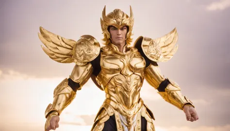 Golden Saint Seiya with golden light，Warrior among warriors，Endured hardships on the battlefield。Dressed in gorgeous gold armor，Beautifully furnished，Show a heroic gesture that is fierce。Lines are clearly visible on the muscular body，Demonstrate perseveran...