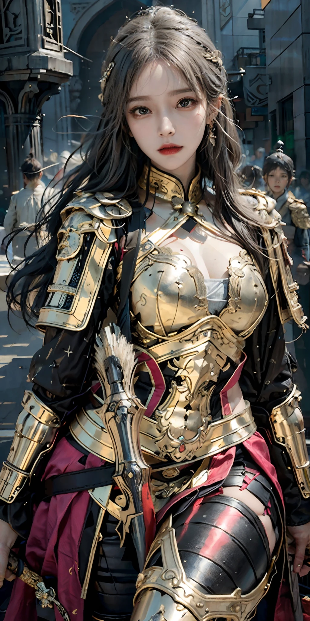 写実的な, 高解像度, やわらかい光,1女性, 一人で, ヒップアップ, 輝く肌, (詳細な顔), 中国の鎧