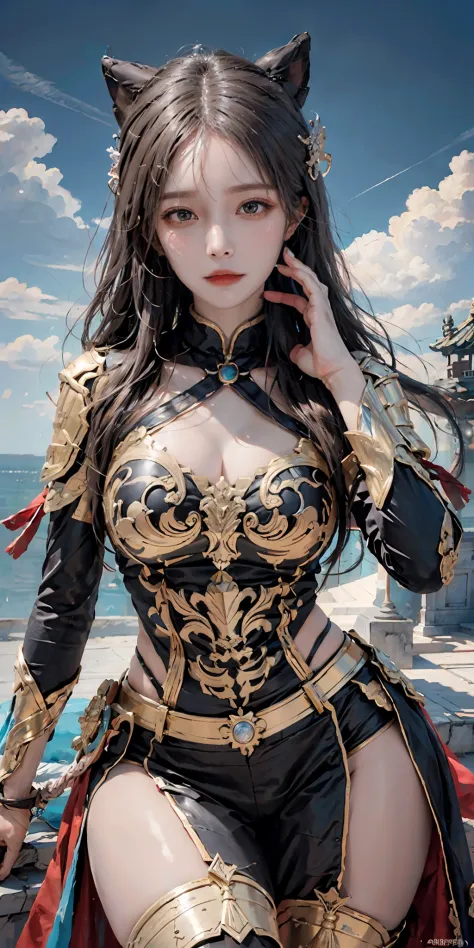 photorealistic, high resolution, soft light,1women, solo, hips up, shining skin, (detailed face), Chinese armor