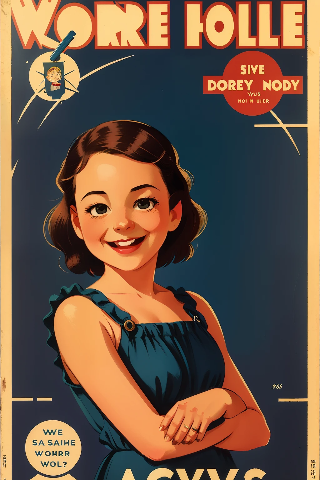 a close up of a poster of a young girl with a smile, glossy old advertising poster, vintage poster, poster vintage, retro poster, enoch bolles, 1940s propaganda poster, by Joseph Brandt, inspired by Art Frahm, beautiful retro art, art deco poster, vintage poster style, retro ad, the front of a trading card