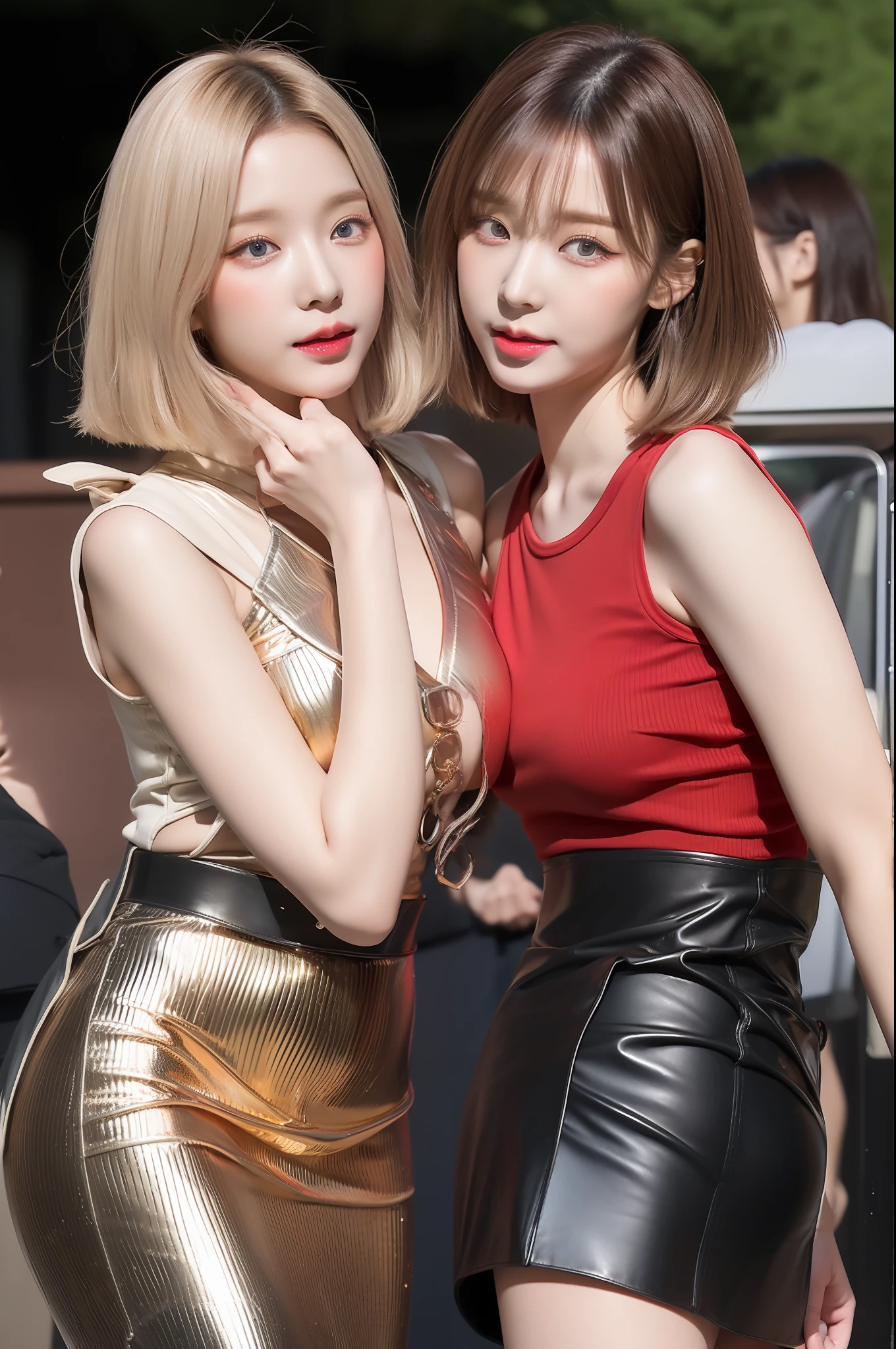 Two women in gold and red posing for a picture - SeaArt AI