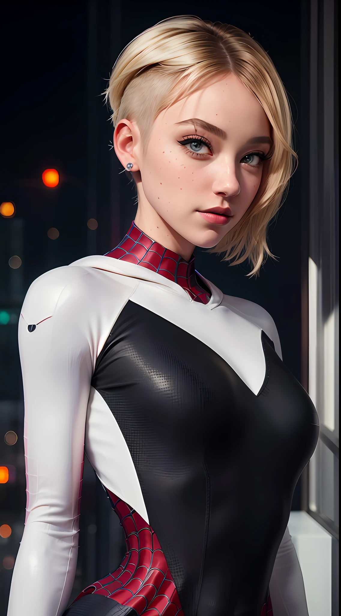 (masterpiece), ((best quality)), parted lips, light_smile, cinematic lighting, ultra-realistic, ((realistic)), (gwen_stacy), blonde_hair, short_hair, solo, sidecut, asymmetrical_hair, parted_lips, eyebrow_piercing, (detailed face), beautiful 1girl, 1girl, looking at down at the viewer pitifully, (beautiful detailed eyes), bodysuit, spider-suit, white sweater, portrait, full body, (side of head shaved), (large breasts), giantess angle, ((shot from far below)), peach shaped ass