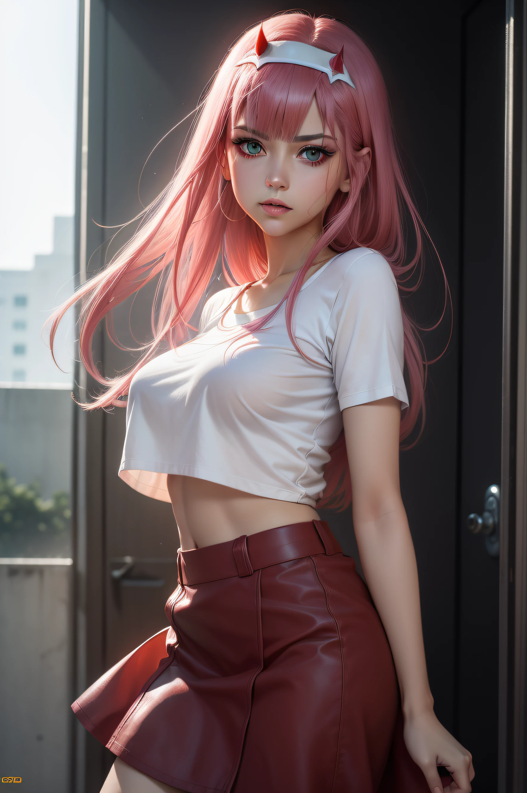 ((Zero Two Darling en el Franxx)),  8k, Obra maestra, La mejor calidad, fotorrealista, Ultra detallado, 1 girl,  textura realista de la piel, senos grandes, Mira hacia el espectador, , Camiseta suelta de medio corte,, Underboobs, debajo de los senos, Micro mini falda, , movie lighting, Enfoque facial, Ojos finos, Cara detallada, Cara bien iluminada, Rayos de sol, Bailar en un ambiente ciberpunk, Low-angle shot, Vista desde abajo