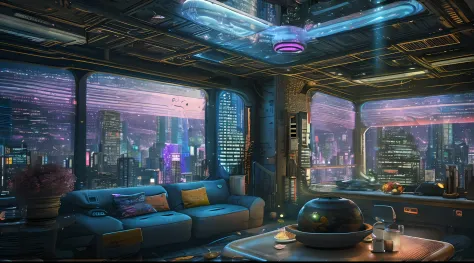 （（tmasterpiece）），（Hyper-detailing），（Complicated details），（High resolution CGI artwork 8k），Futuristic cyberpunk living room。Large windows for balcony floor-to-ceiling windows，Busy and colorful、Detailed cyberpunk cityscape。Futuristic style，There are many col...
