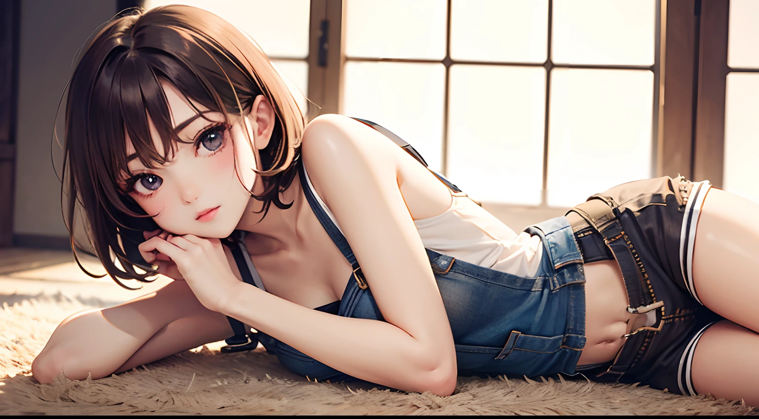 one-girl，Hold your legs with both hands，sat on the ground，exquisite face，Short brown hair，Suspender short underwear，Ultra shorts，Delicate skin，tmasterpiece