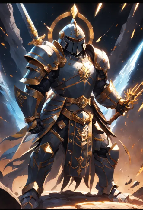 Um homem com uma armadura dourada robusta e pesada com detalhes em dourados, in combat position, with a black Templar helmet with gold details, retirando uma espada de uma pedra com a lamina preta, com uma aura celestial.