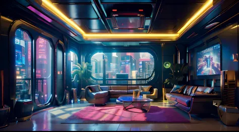 （（tmasterpiece）），（hyper-detailing），（Complicated details），（High resolution CGI artwork 8k），A futuristic cyberpunk living room。Large windows for balcony floor-to-ceiling windows，Busy and colorful、Detailed cyberpunk cityscape。Futuristic style，There are many c...