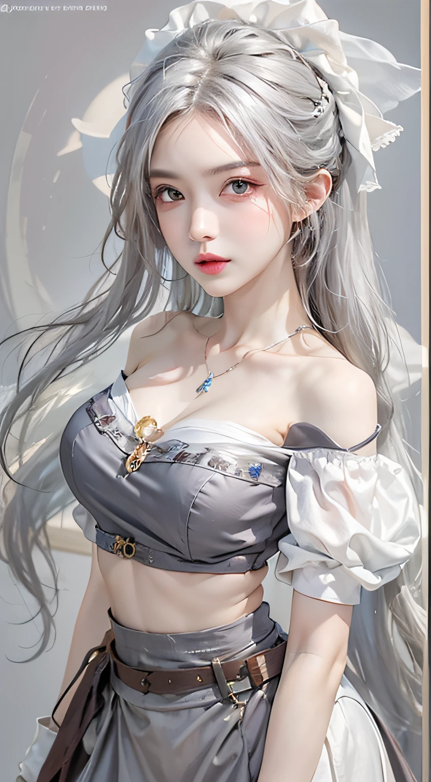 Photorealistic, High resolution, 1womanl, Solo, hips up high, view the viewer, (Detailed face), White hair, Long hair, maid clothes, Jewelry、Simple clothing、Off-shoulder front opening