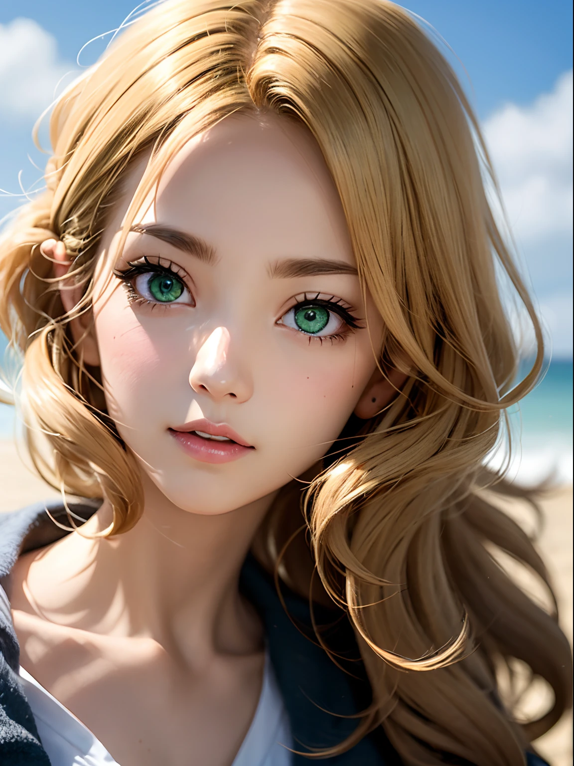 2.5D, 1 Lady,  facial close-up, (((1 Lady:1.37, Solo))), (((Extreme close-up of the face))), (Beautiful face, Cute face, Detailed face,),  BREAK, ((( Golden hair, Semi-long hair, Hair pulled back, Wavy Hair))), (((Detailed beautiful green eyes,))), BREAK, (((Sunny))), (((in beach))), BREAK, Cinematic lighting