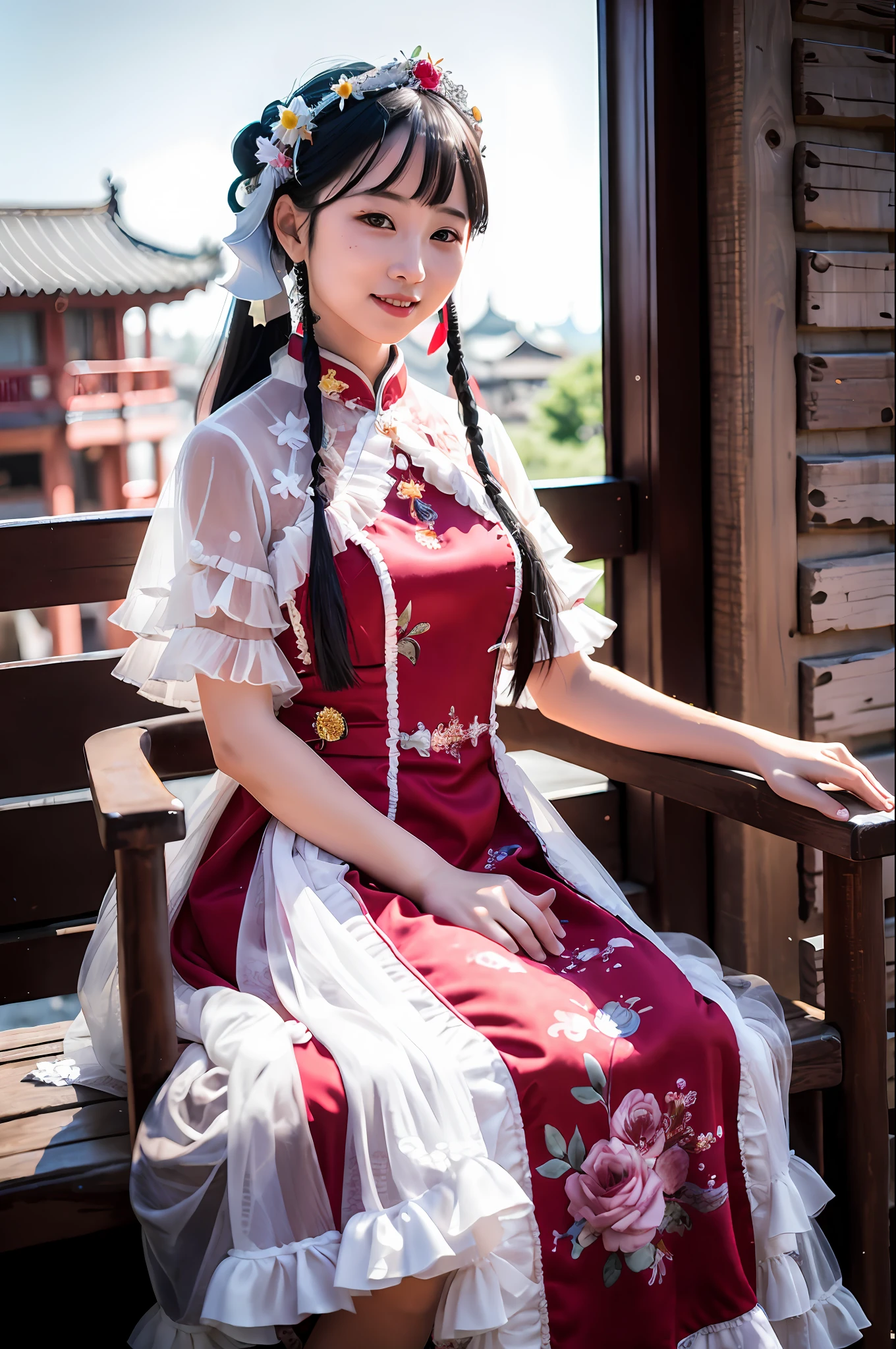 realistic, photorealistic, masterpiece, best quality, 1girl, solo, smile, looking at viewer, long black hair, cowboy shot, cns_dress, pettiskirt, sitting, (china jiangnan water town style:1.1), beautiful sky, netural lighting,