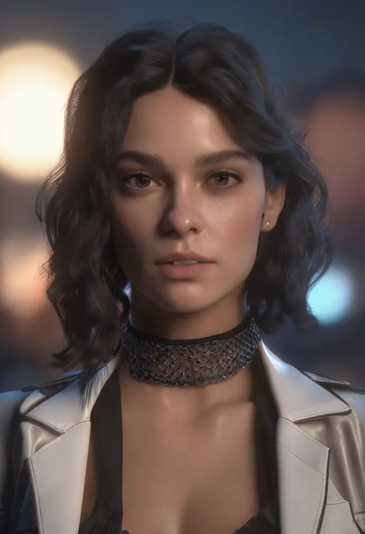 Photorealistic, HD, Intense Details, detailed face, 4K, 8K, intricate, {{{locked black leather collar, black leather and fishnet clothing}}}, human Italian girl, age: 38, looks: 25, slight tan, subtle curvy, wavy shoulder length dark brown hair, Long White...