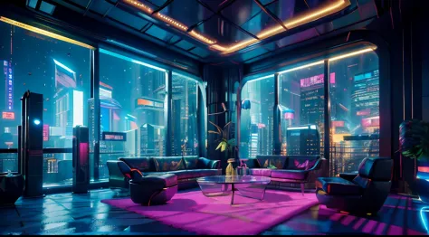 （（tmasterpiece）），（hyper-detailing），（Complicated details），（High resolution CGI artwork 8k），A futuristic cyberpunk living room。Lar...