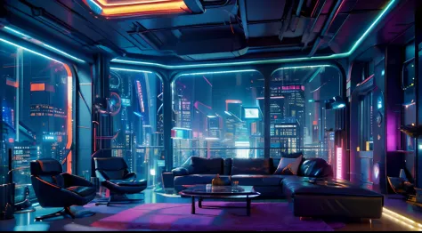 （（tmasterpiece）），（hyper-detailing），（Complicated details），（High resolution CGI artwork 8k），A futuristic cyberpunk living room。Lar...