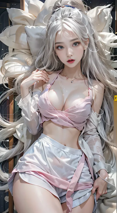 Photorealistic, High resolution, 1womanl, Solo, hips up high, view the viewer, (Detailed face), White hair, Long hair, maid clothes, Jewelry、a miniskirt、Off-shoulder front opening、（up skirt、）（Black lace panties）Blue eyes、white  hair、silber hair、((Beautiful...
