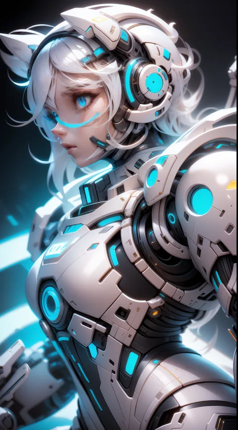 Humanoid robots,Cyborg,Solo,Female,Platinum blonde hair,Long hair,two sides up,White armor，white color mecha，neonlight，mechanicalparts