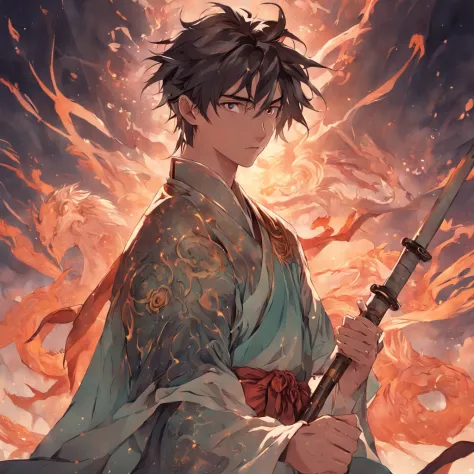 The handsome face of a handsome man holding a sword in his hand wearing ancient Chinese Han clothes looks like a fairy spirit