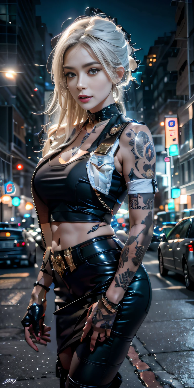 Fotorrealista, Alta resolución, luz tenue,1mujer, Solo, caderas arriba, (cara detallada),tatuaje, joyas, ciudad de noche, uniforme de policia, pelo blanco