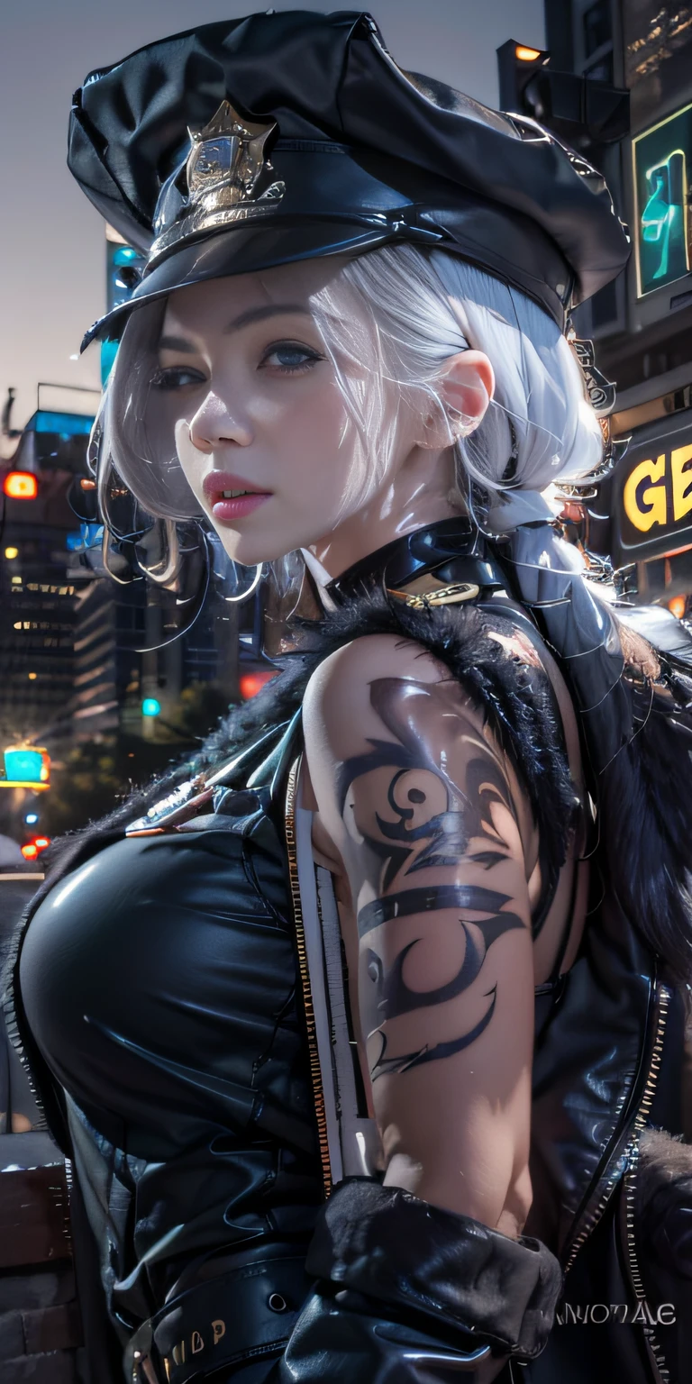 Photorealistic, high resolution, Soft light,1womanl, Solo, Hips up, (Detailed face),tattoo, jewelry, Night City, Police uniform, White hair