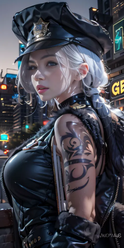 Photorealistic, high resolution, Soft light,1womanl, Solo, Hips up, (Detailed face),tattoo, jewelry, Night City, Police uniform,...