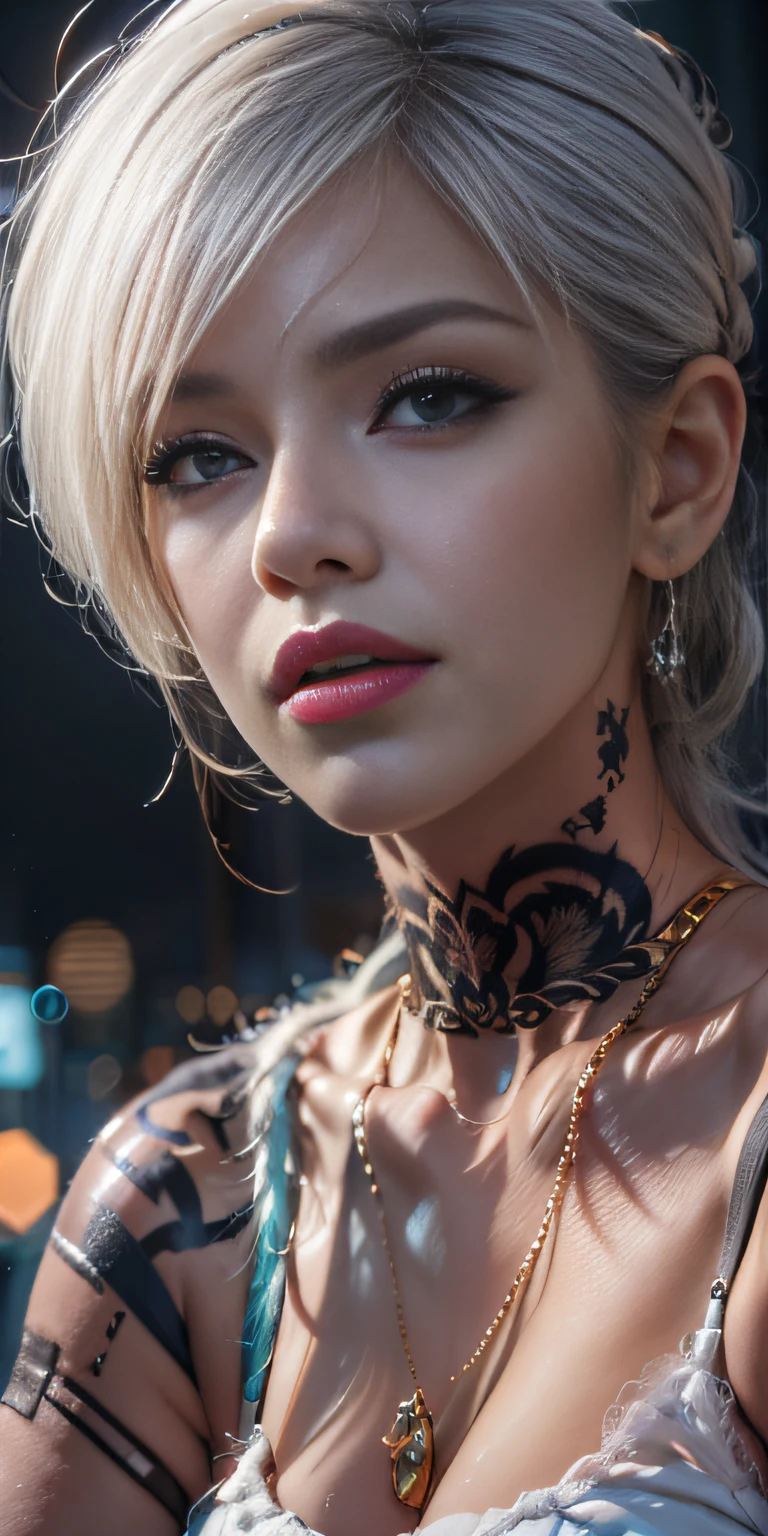 Photorealistic, high resolution, Soft light,1womanl, Solo, Hips up, (Detailed face),tattoo, jewelry, Night City, Police uniform, White hair