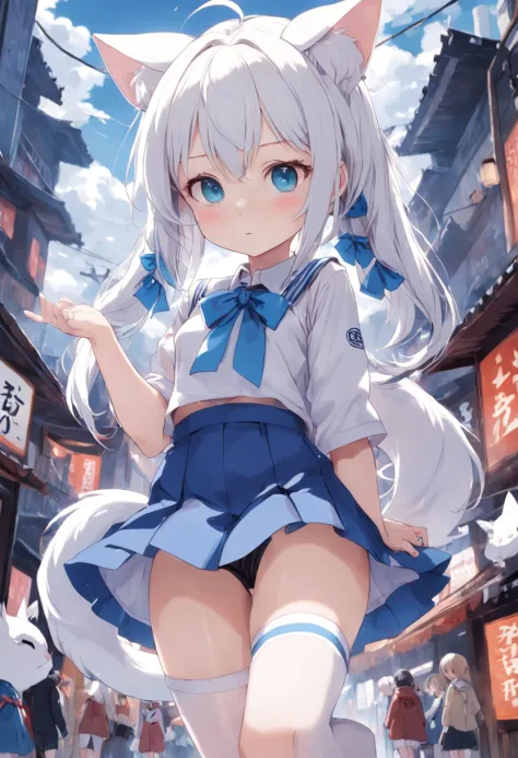 Little loli with white ears and a cat's tail wears a small skirt，Lift the skirt with your hands，Has blue eyes，Wear white stockings on the legs，Being touched on the head with their hands