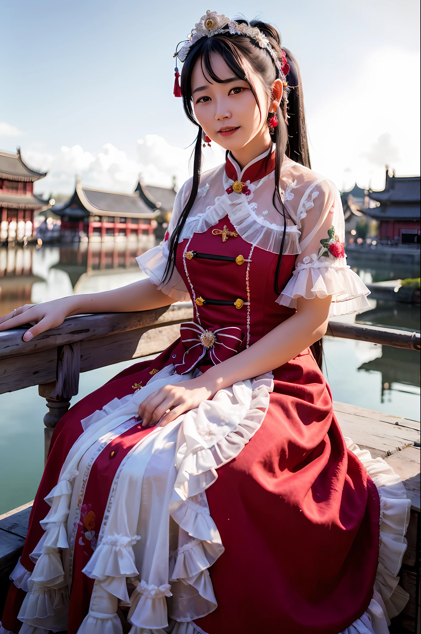 realistic, photorealistic, masterpiece, best quality, 1girl, solo, smile, looking at viewer, long black hair, cowboy shot, cns_dress, pettiskirt, sitting, (china jiangnan water town style:1.1), beautiful sky, netural lighting,