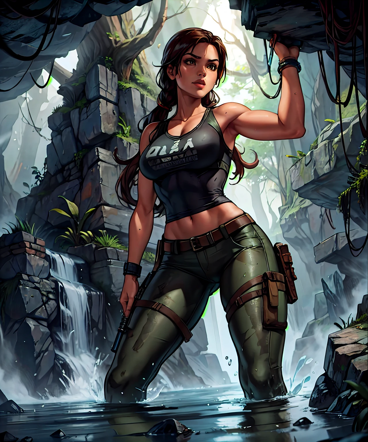 Tomb Raider, Lara Croft dentro de uma caverna que se espalha pelo local com uma tocha na mão, blusa preta, calças camufladas, água