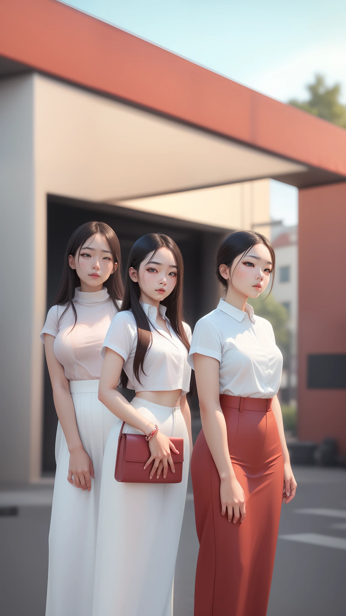 Three women in white and red outfits standing next to each other - SeaArt AI