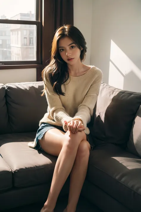 1girl,sitting on a cozy couch,crossing legs,soft light
