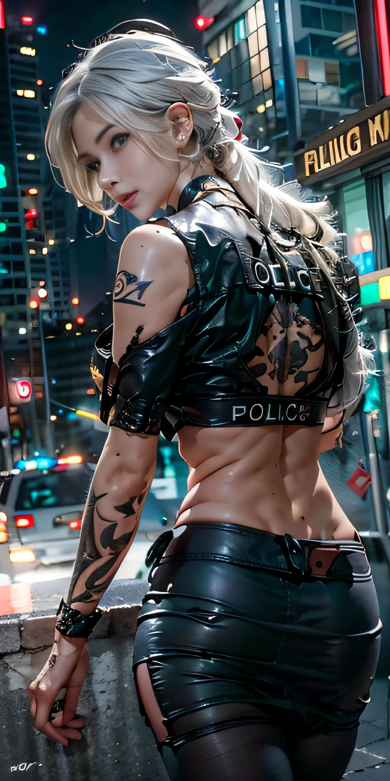 Fotorrealista, Alta resolución, luz tenue,1mujer, Solo, caderas arriba, (cara detallada),tatuaje, joyas, ciudad de noche, uniforme de policia, pelo blanco