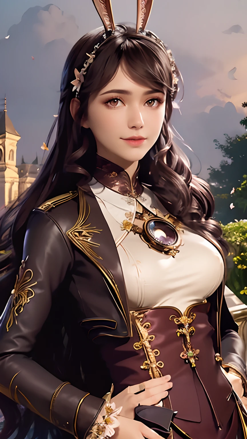 Detailed woman face looking at camera, dark- brown eyes,  masterpiece, best quality,
1girl, (colorful),(finely detailed beautiful eyes and detailed face),cinematic lighting,bust shot,extremely detailed CG unity 8k wallpaper, brown hair,solo,smile,intricate skirt,((flying petal)),(Flowery meadow)
sky, cloudy_sky, building, moonlight, moon, night, (dark theme:1.3), light, fantasy,