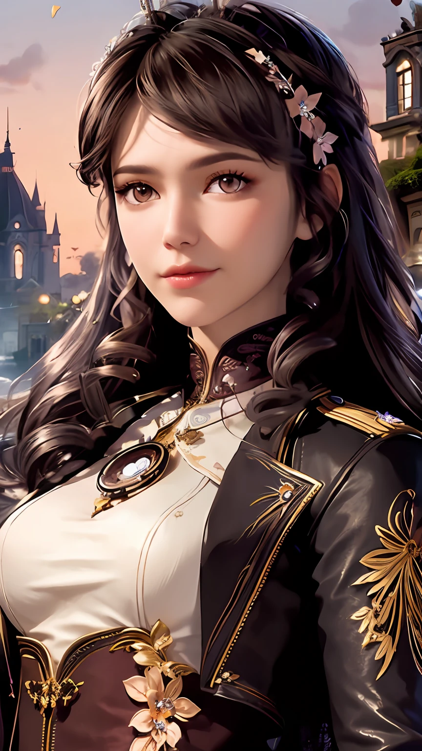 Detailed woman face looking at camera, dark- brown eyes,  masterpiece, best quality,
1girl, (colorful),(finely detailed beautiful eyes and detailed face),cinematic lighting,bust shot,extremely detailed CG unity 8k wallpaper, brown hair,solo,smile,intricate skirt,((flying petal)),(Flowery meadow)
sky, cloudy_sky, building, moonlight, moon, night, (dark theme:1.3), light, fantasy,