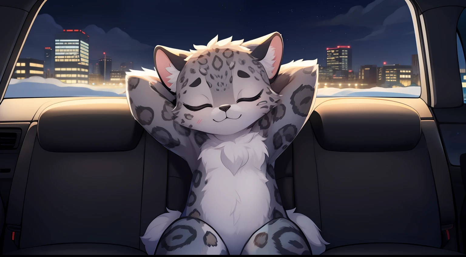 Furry mascot，Lovely image，A gray snow leopard，No clothes， Cute little animals fluffy，Black furry furry fur，Cute little animals，Fluffy tail，In the back seat，Sitting alone in the car，sit on chair，The view from the car window，On the city highway，full of lights，Cubs，is in night，nigh sky, stars，Close-up of cute characters，Put your hands behind your head，eye closeds，s asleep